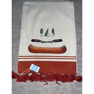 New Cabin Lodge Fishing Canoe Embroidered Table Runner Cream Rust Tassel 36in